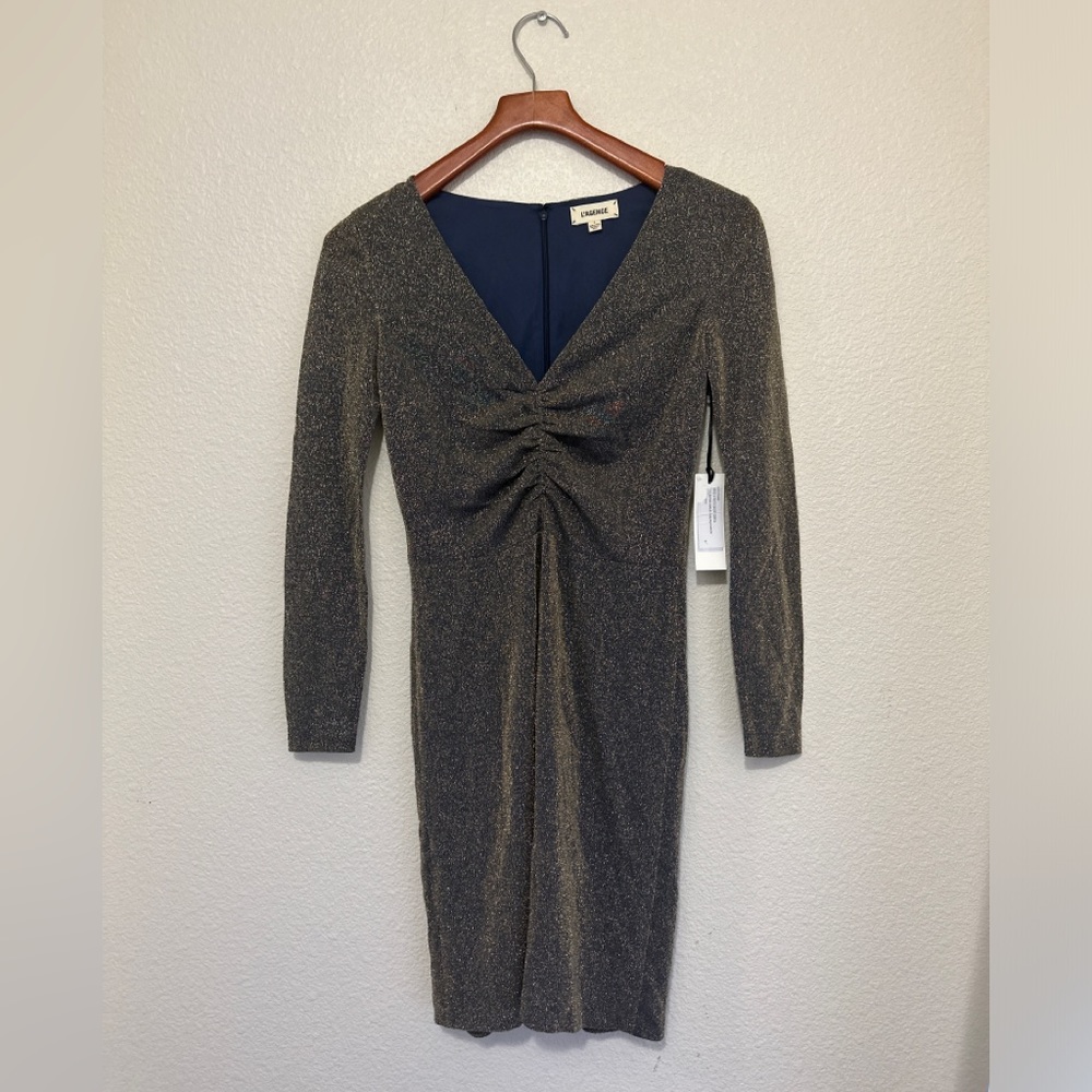 L’Agence Women's Size 2 Dries Gold/Blue Metallic V-Neck Mini Dress